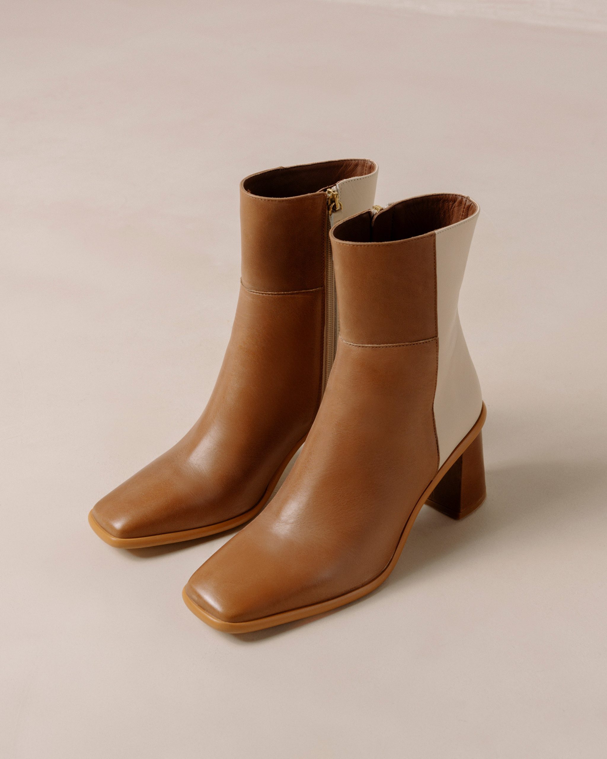 West Bicolor Camel Cream Leather Ankle Boots - Image 9